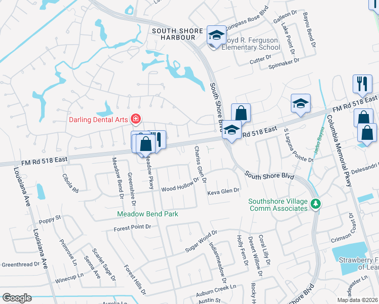 map of restaurants, bars, coffee shops, grocery stores, and more near 117 Chariss Glen Drive in League City