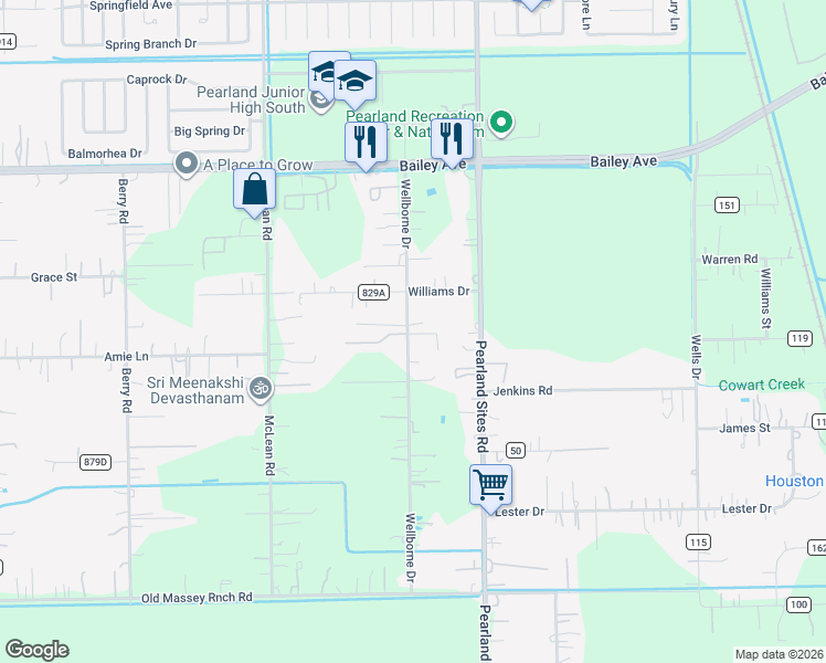 map of restaurants, bars, coffee shops, grocery stores, and more near 17230 Wellborne Road in Pearland