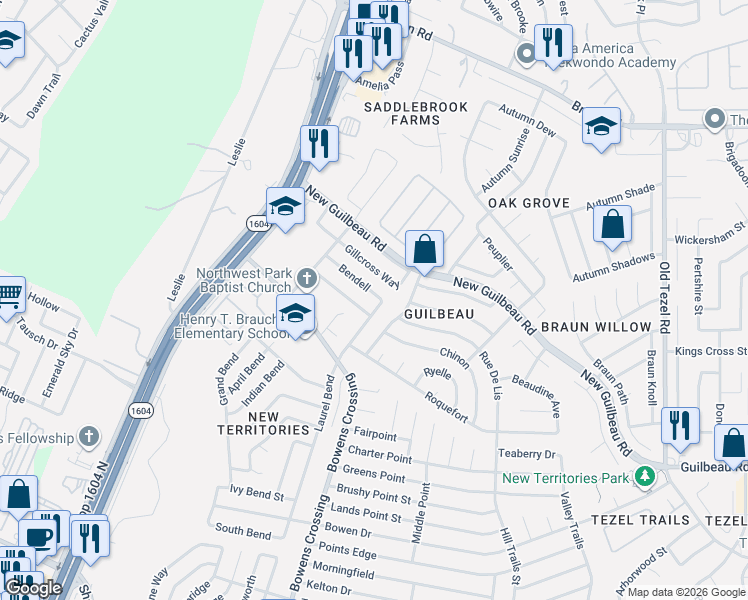 map of restaurants, bars, coffee shops, grocery stores, and more near 8423 Laurel Bend in San Antonio