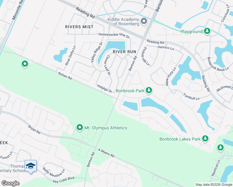 map of restaurants, bars, coffee shops, grocery stores, and more near 1127 Honeysuckle Vine Drive in Rosenberg