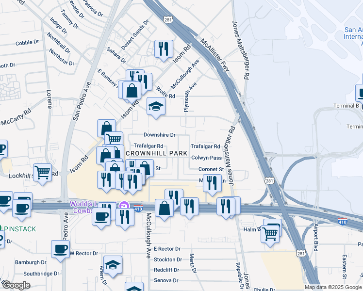 map of restaurants, bars, coffee shops, grocery stores, and more near 9203 Whitehall Street in San Antonio