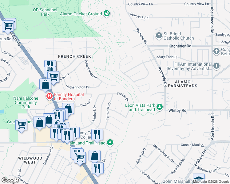map of restaurants, bars, coffee shops, grocery stores, and more near 8907 John Barrett Drive in San Antonio