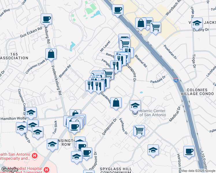 map of restaurants, bars, coffee shops, grocery stores, and more near 8935 Wurzbach Road in San Antonio