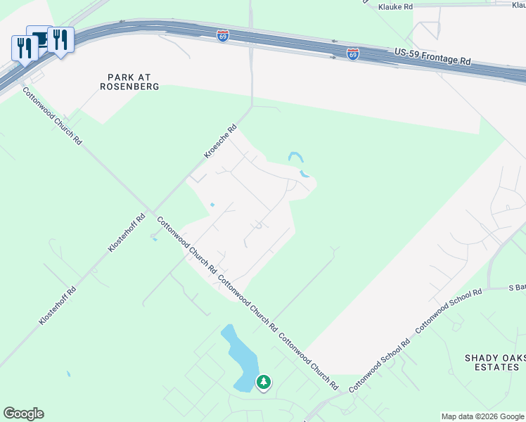 map of restaurants, bars, coffee shops, grocery stores, and more near 1202 Jackrabbit Road in Rosenberg