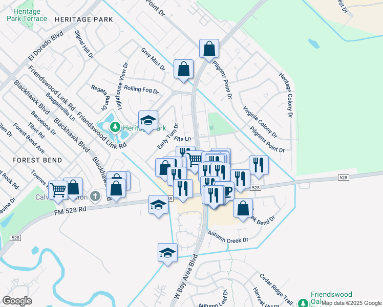 map of restaurants, bars, coffee shops, grocery stores, and more near 2700 Bay Area Boulevard in Webster