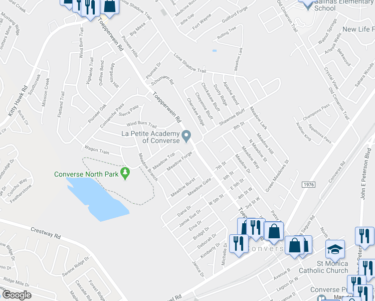 map of restaurants, bars, coffee shops, grocery stores, and more near 907 Toepperwein Road in Converse