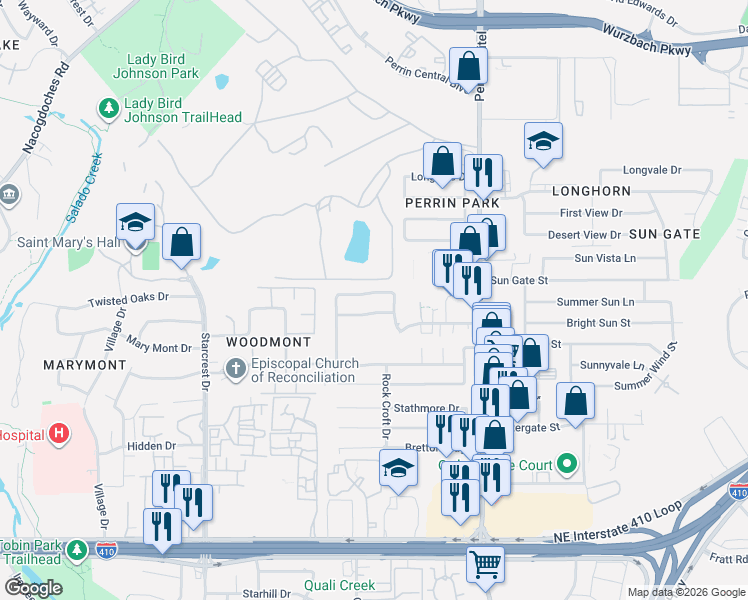 map of restaurants, bars, coffee shops, grocery stores, and more near 4035 Oakhaven Street in San Antonio
