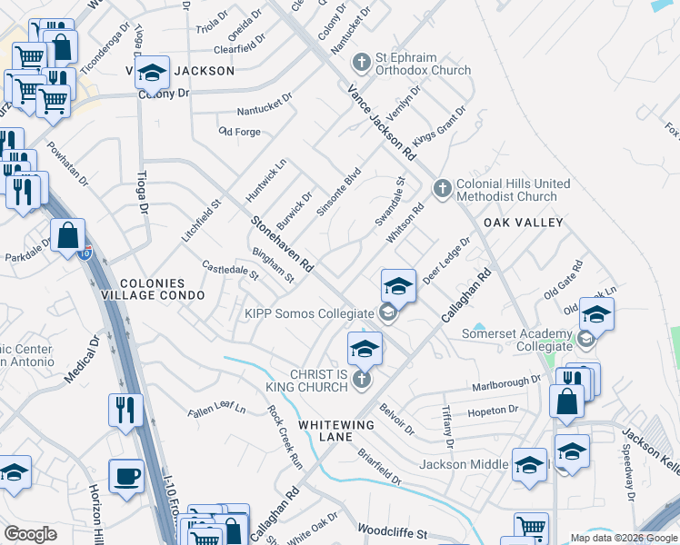 map of restaurants, bars, coffee shops, grocery stores, and more near 3130 Swandale Street in San Antonio