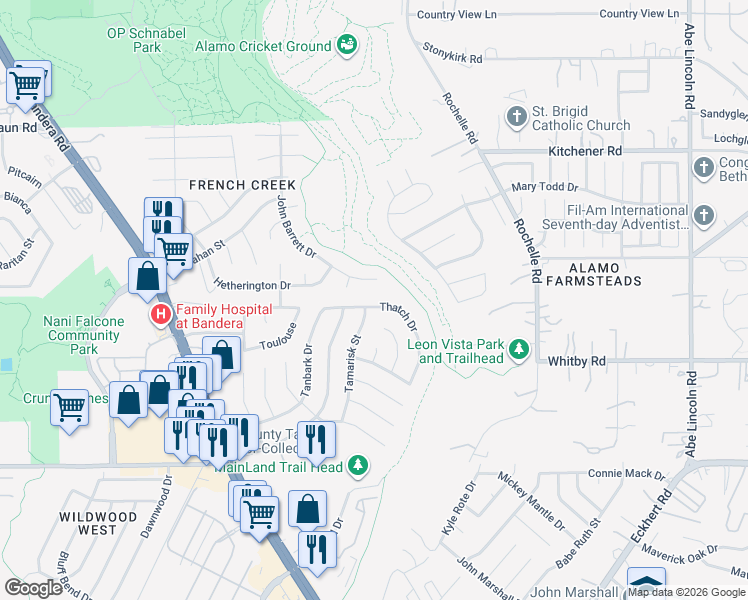 map of restaurants, bars, coffee shops, grocery stores, and more near 8907 John Barrett Drive in San Antonio