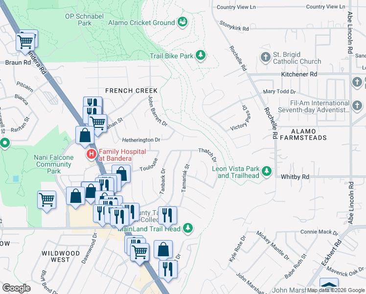 map of restaurants, bars, coffee shops, grocery stores, and more near 8911 Oakwood Court in San Antonio