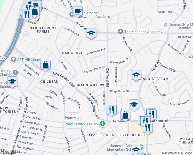 map of restaurants, bars, coffee shops, grocery stores, and more near 9606 Autumn Shadows in San Antonio