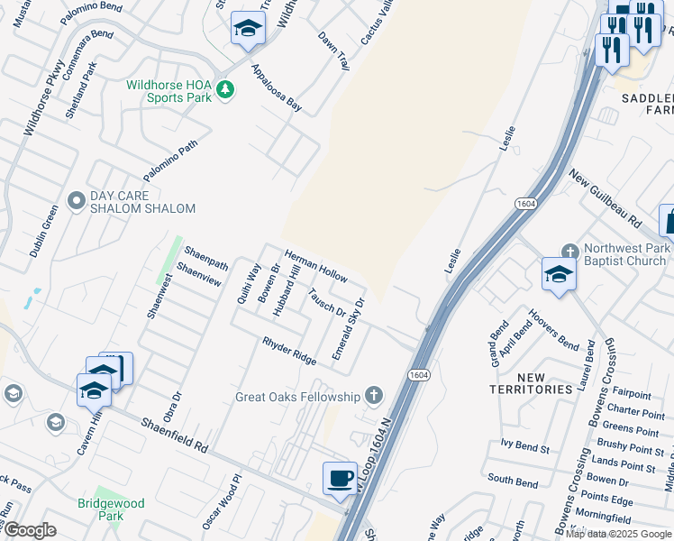 map of restaurants, bars, coffee shops, grocery stores, and more near 9050 Herman Hollow in San Antonio