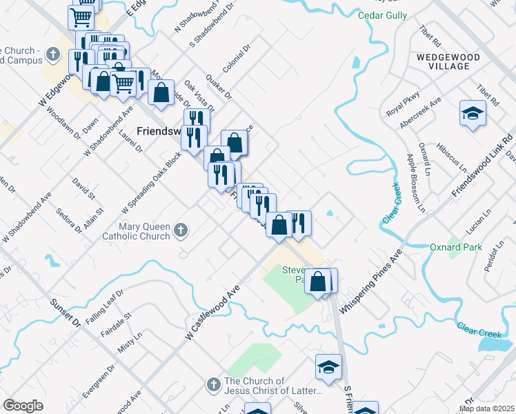 map of restaurants, bars, coffee shops, grocery stores, and more near 709 South Friendswood Drive in Friendswood