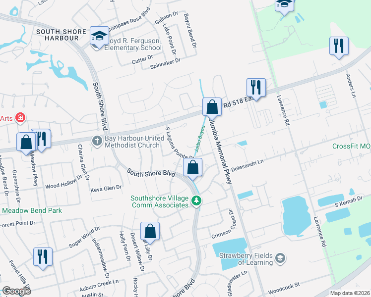map of restaurants, bars, coffee shops, grocery stores, and more near 115 Misty Morning in League City