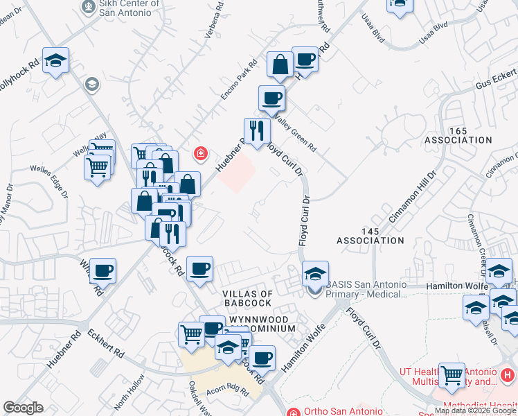 map of restaurants, bars, coffee shops, grocery stores, and more near 2 Spurs Lane in San Antonio