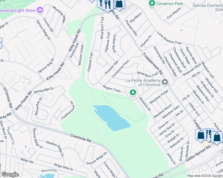 map of restaurants, bars, coffee shops, grocery stores, and more near 9815 Wagon Train in Converse
