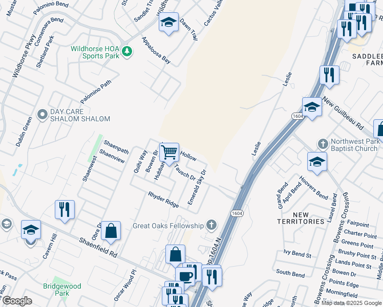 map of restaurants, bars, coffee shops, grocery stores, and more near 9050 Herman Hollow in San Antonio