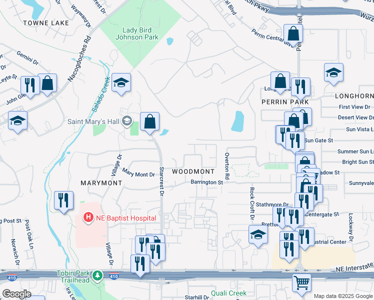 map of restaurants, bars, coffee shops, grocery stores, and more near 15 Pebbleshire in San Antonio