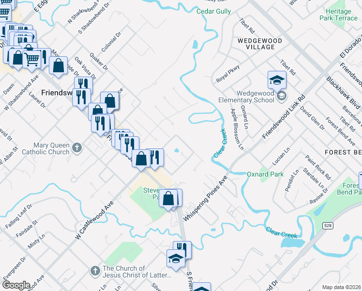 map of restaurants, bars, coffee shops, grocery stores, and more near 903 Quaker Bend in Friendswood