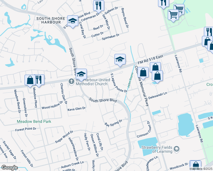 map of restaurants, bars, coffee shops, grocery stores, and more near 105 South Laguna Pointe Drive in League City