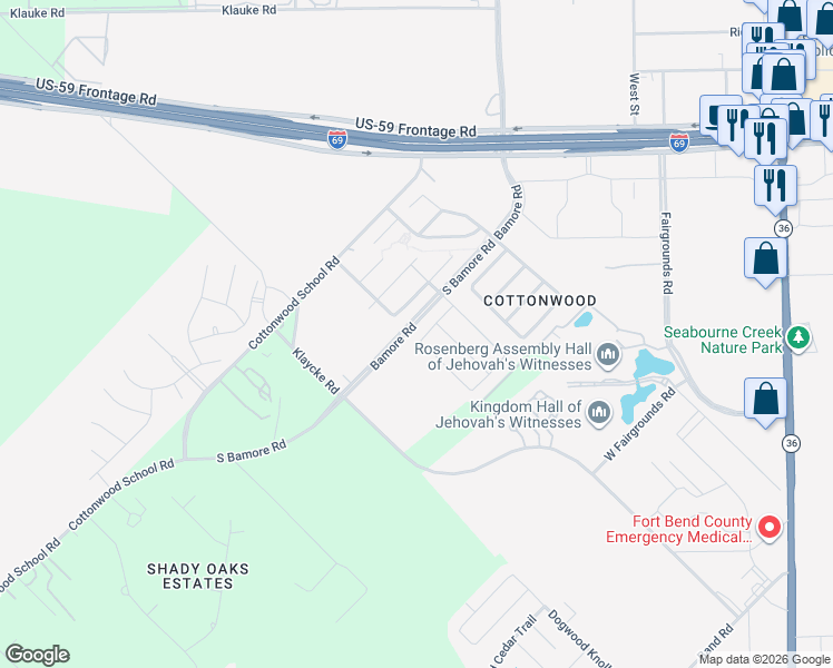 map of restaurants, bars, coffee shops, grocery stores, and more near 1422 Barton Creek Lane in Rosenberg