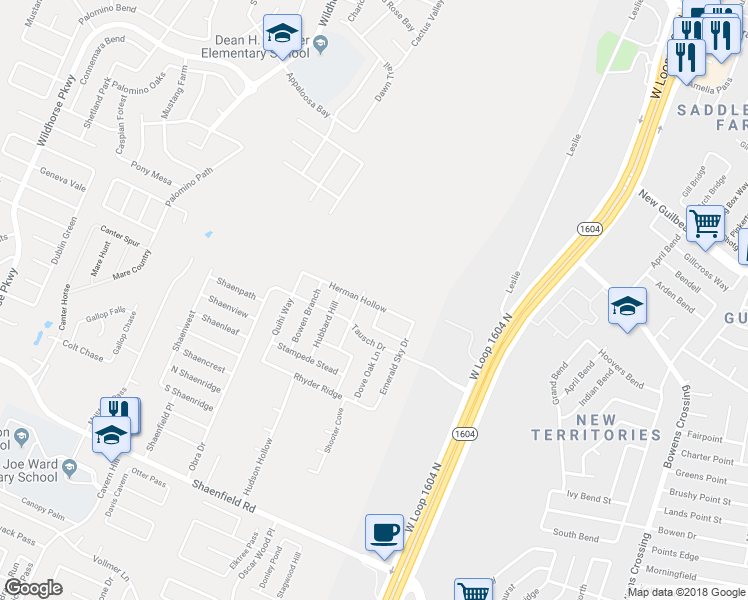 map of restaurants, bars, coffee shops, grocery stores, and more near 9050 Herman Hollow in San Antonio