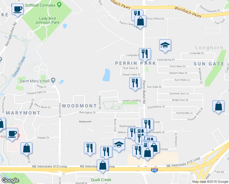 map of restaurants, bars, coffee shops, grocery stores, and more near 4035 Oakhaven Street in San Antonio