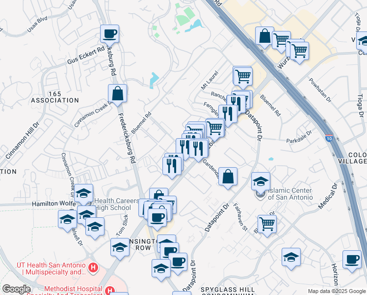 map of restaurants, bars, coffee shops, grocery stores, and more near 9001 Wurzbach Road in San Antonio