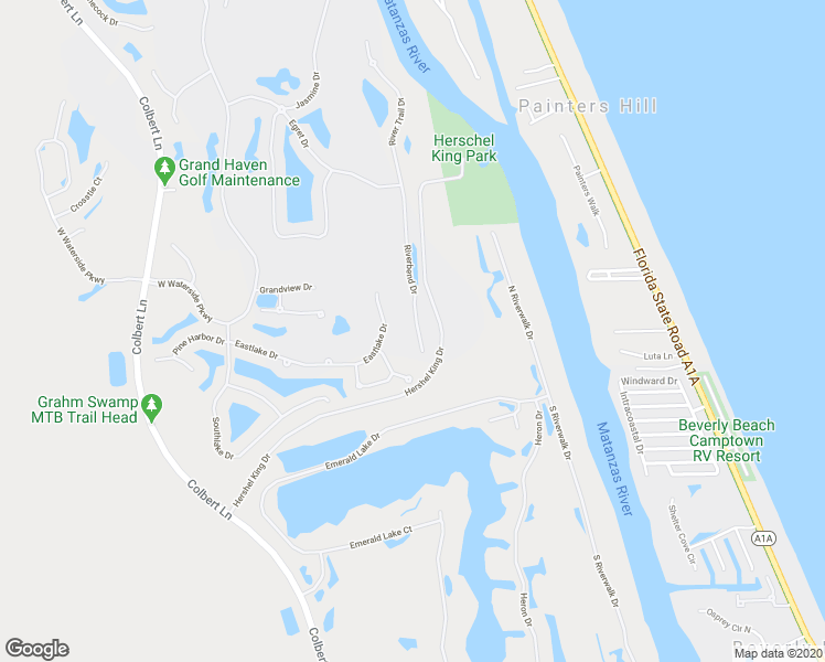 map of restaurants, bars, coffee shops, grocery stores, and more near 50 Riverbend Drive in Palm Coast