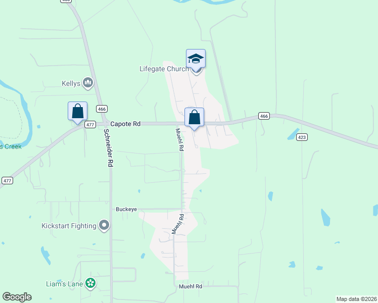 map of restaurants, bars, coffee shops, grocery stores, and more near 135 Muehl Road in Seguin