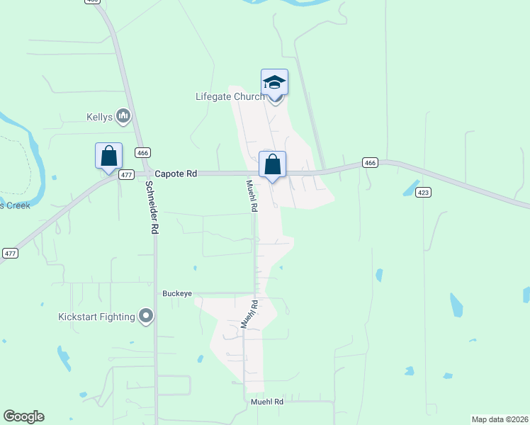 map of restaurants, bars, coffee shops, grocery stores, and more near 135 Muehl Road in Seguin