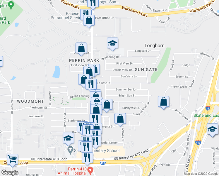 map of restaurants, bars, coffee shops, grocery stores, and more near 4259 Summer Sun Lane in San Antonio