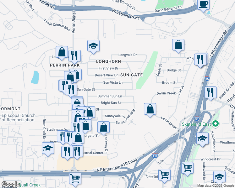 map of restaurants, bars, coffee shops, grocery stores, and more near 4422 Sun Gate Street in San Antonio