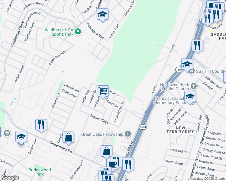 map of restaurants, bars, coffee shops, grocery stores, and more near 9050 Herman Hollow in San Antonio