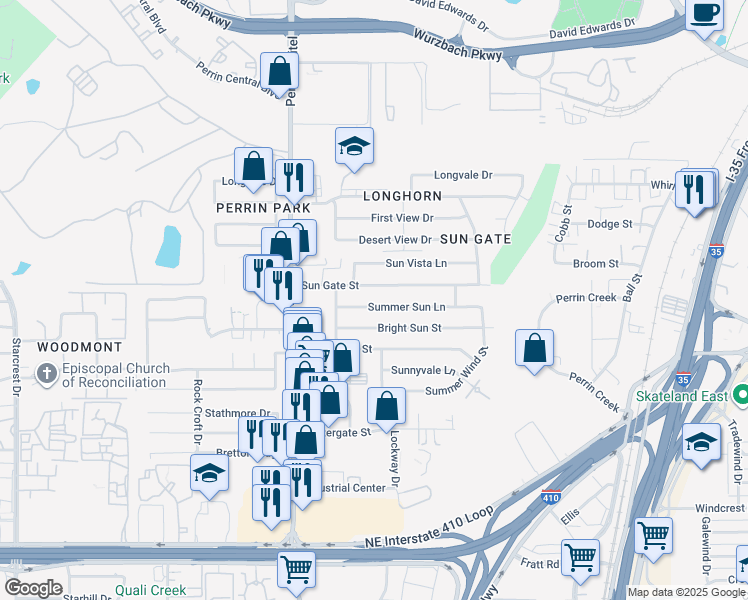 map of restaurants, bars, coffee shops, grocery stores, and more near 4314 Sun Gate Street in San Antonio