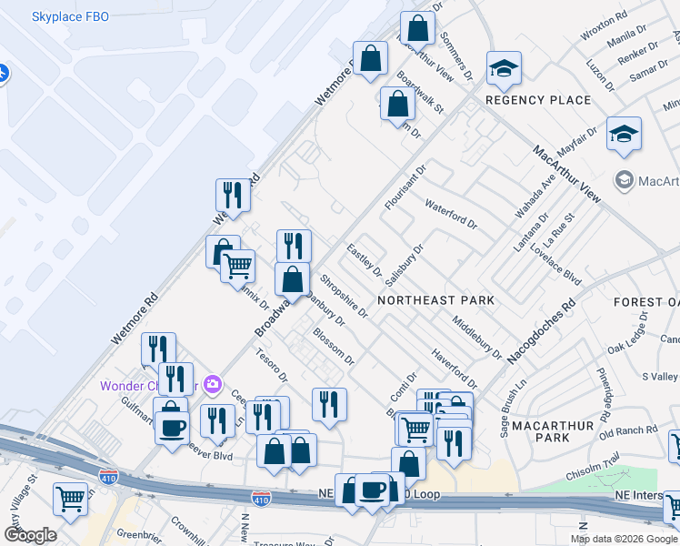 map of restaurants, bars, coffee shops, grocery stores, and more near 114 Eastley Drive in San Antonio