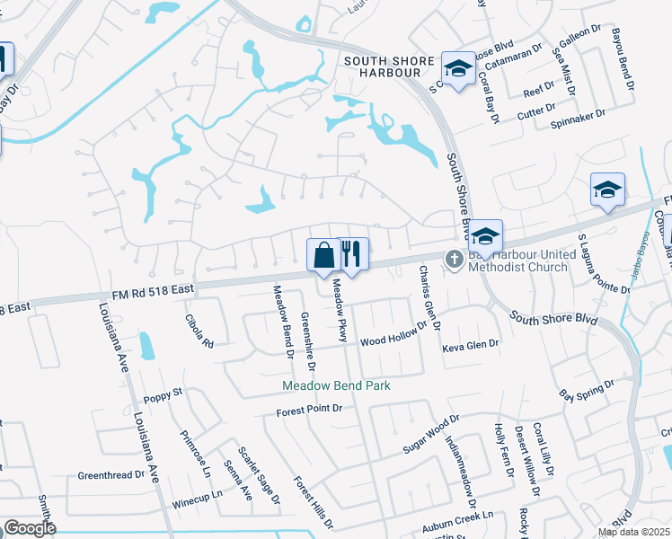 map of restaurants, bars, coffee shops, grocery stores, and more near 2112 Meadow Parkway North in League City