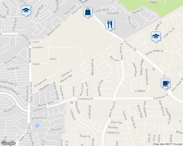 map of restaurants, bars, coffee shops, grocery stores, and more near 9606 Arcade Ridge in San Antonio