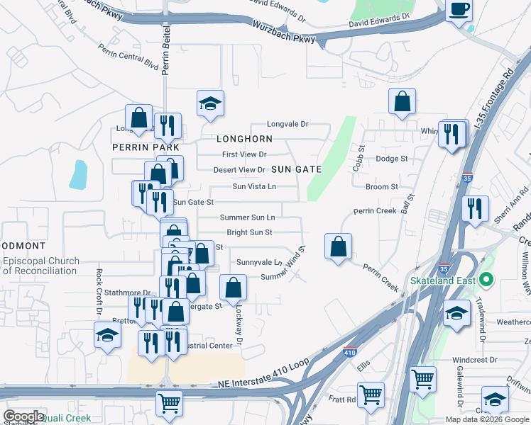 map of restaurants, bars, coffee shops, grocery stores, and more near 4422 Sun Gate Street in San Antonio