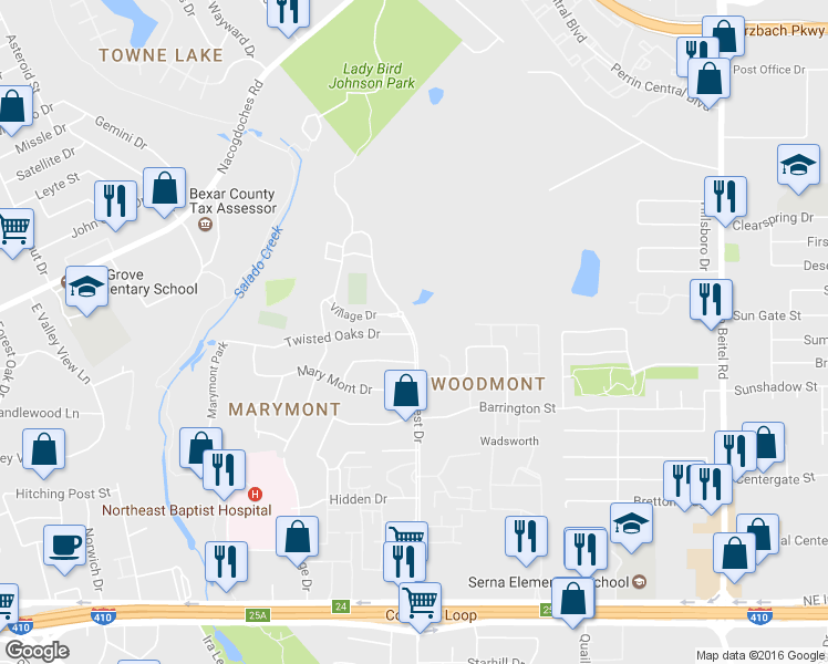 map of restaurants, bars, coffee shops, grocery stores, and more near 9310 Starcrest Drive in San Antonio