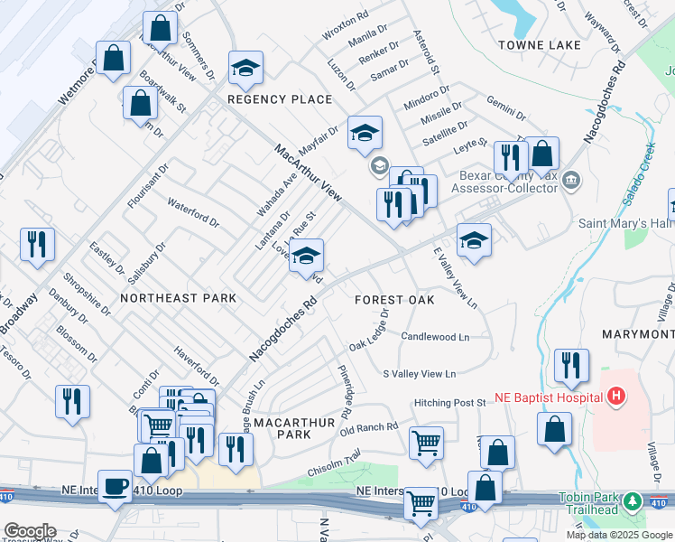 map of restaurants, bars, coffee shops, grocery stores, and more near 2955 Nacogdoches Road in San Antonio