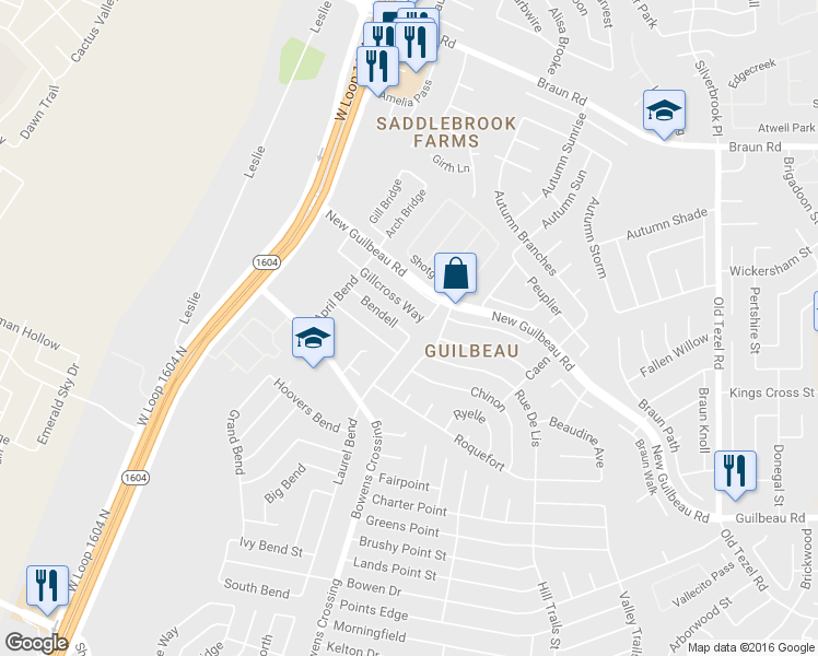 map of restaurants, bars, coffee shops, grocery stores, and more near 9303 Gillcross Way in San Antonio