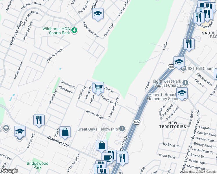 map of restaurants, bars, coffee shops, grocery stores, and more near 9050 Herman Hollow in San Antonio