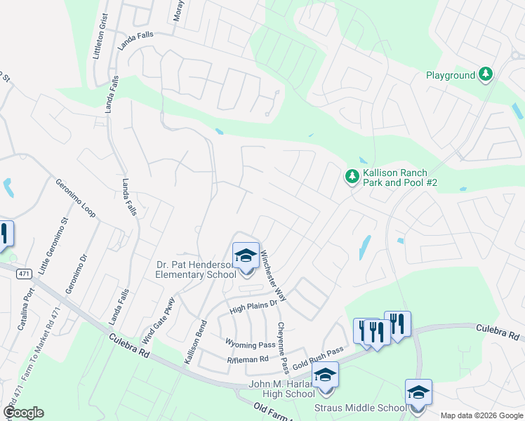map of restaurants, bars, coffee shops, grocery stores, and more near 14566 Clydesdale Trail in San Antonio