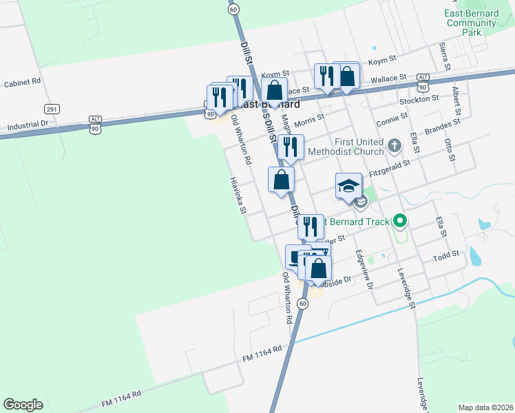 map of restaurants, bars, coffee shops, grocery stores, and more near 414 Wharton Road in East Bernard