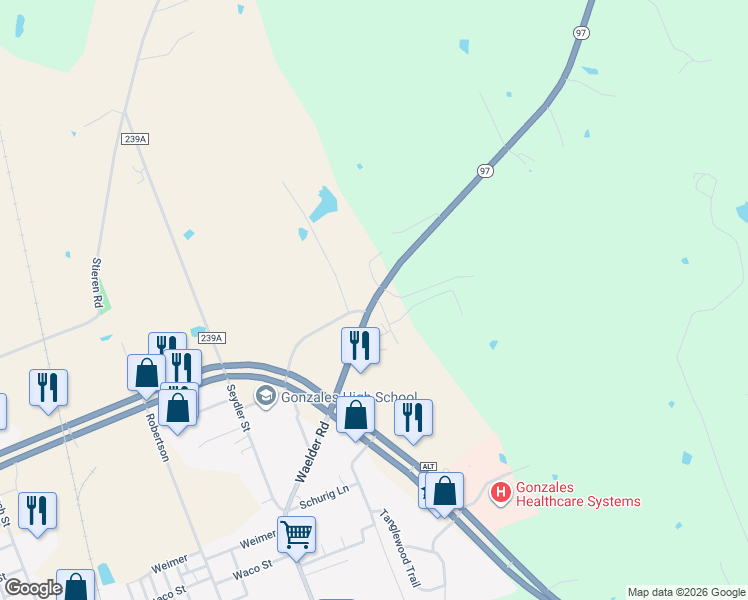 map of restaurants, bars, coffee shops, grocery stores, and more near 1899 Waelder Road in Gonzales