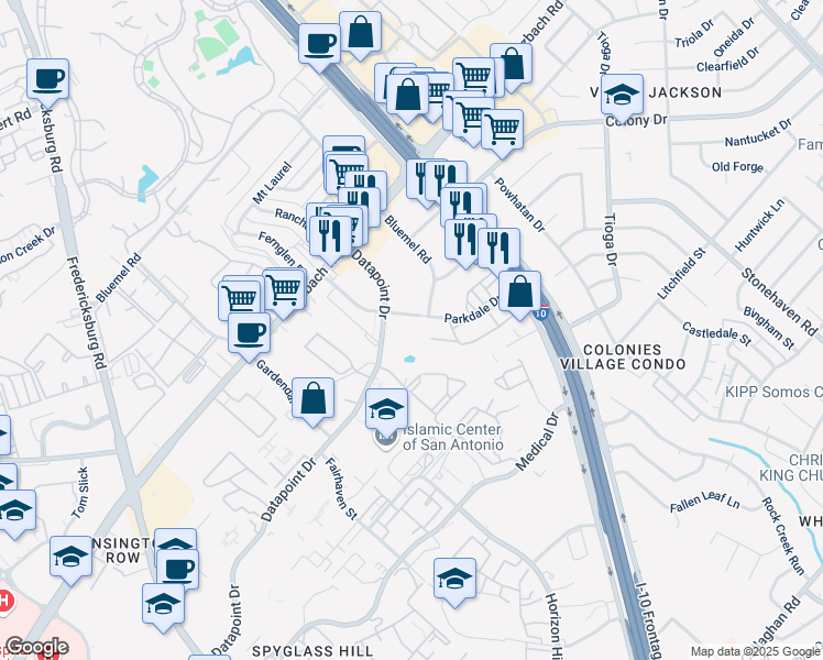 map of restaurants, bars, coffee shops, grocery stores, and more near 3830 Parkdale Street in San Antonio