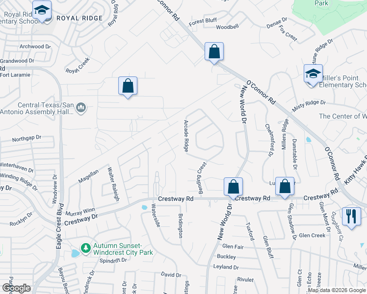 map of restaurants, bars, coffee shops, grocery stores, and more near 9606 Arcade Ridge in San Antonio