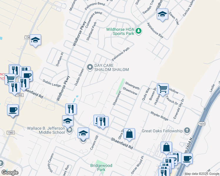 map of restaurants, bars, coffee shops, grocery stores, and more near 9043 Mustang Pass in San Antonio