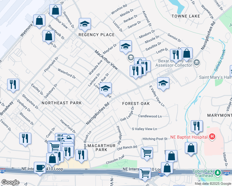 map of restaurants, bars, coffee shops, grocery stores, and more near 2955 Nacogdoches Road in San Antonio